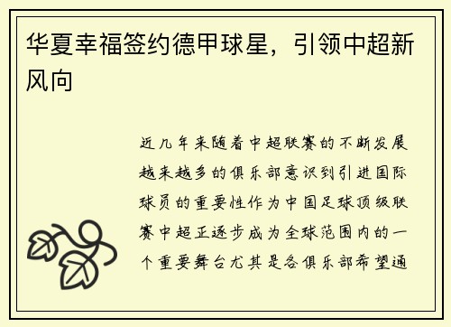 华夏幸福签约德甲球星，引领中超新风向