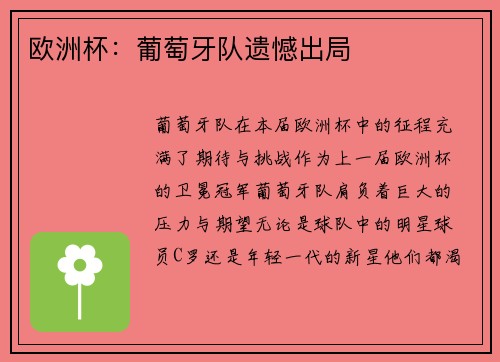 欧洲杯：葡萄牙队遗憾出局