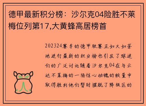 德甲最新积分榜：沙尔克04险胜不莱梅位列第17,大黄蜂高居榜首