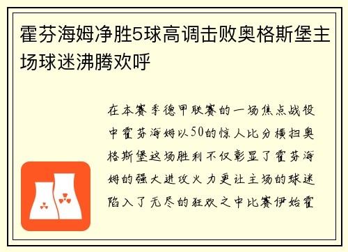 霍芬海姆净胜5球高调击败奥格斯堡主场球迷沸腾欢呼