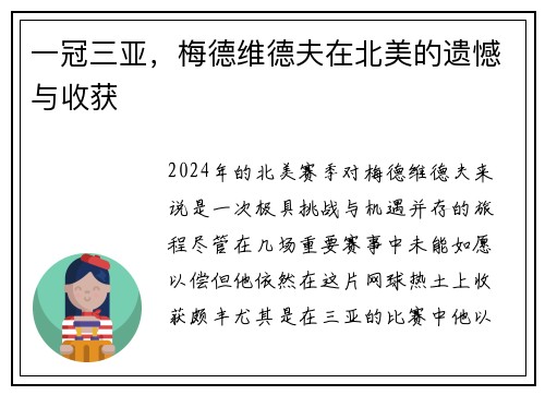 一冠三亚，梅德维德夫在北美的遗憾与收获