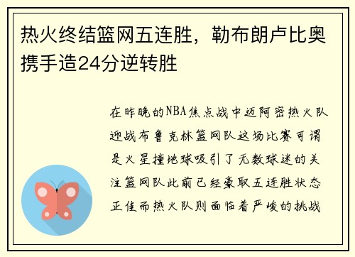热火终结篮网五连胜，勒布朗卢比奥携手造24分逆转胜