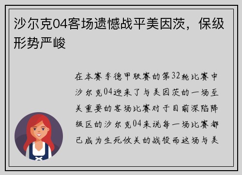 沙尔克04客场遗憾战平美因茨，保级形势严峻