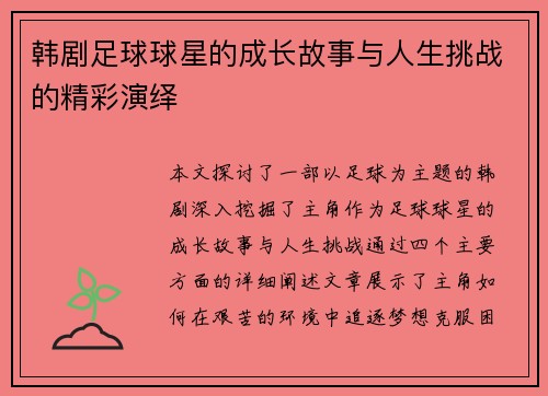 韩剧足球球星的成长故事与人生挑战的精彩演绎
